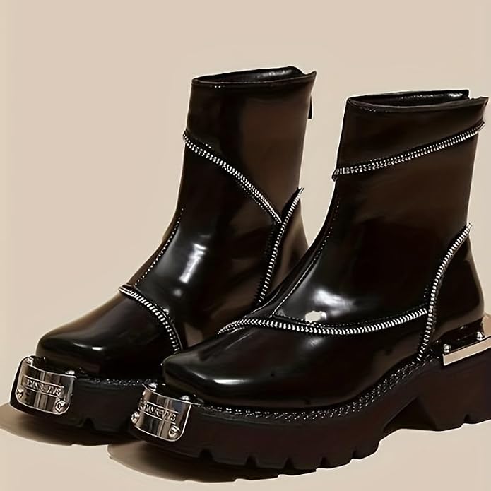 Square-Toe Ankle Boots - Versatile Zip-Up Design