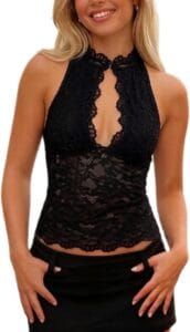 Top Sheer Mesh Cutout Crop Camisole Floral Lace