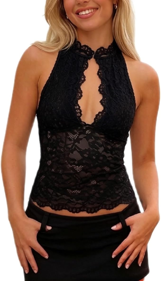 Top Sheer Mesh Cutout Crop Camisole Floral Lace