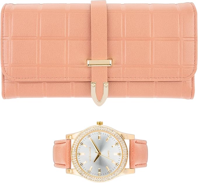 Women's Gold Leather Band Watch & Matching Tri-Fold Wallet Set