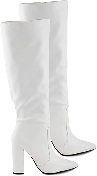 White Boots Pointed Toe Knee High Heels