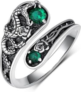 Silver Ring with Snake and Green Crystal