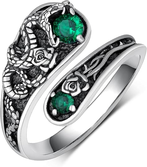 Silver Ring with Snake and Green Crystal