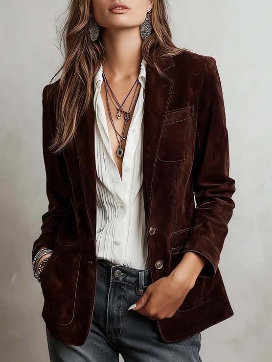 Women's Retro Faux Suede Leather Blazer