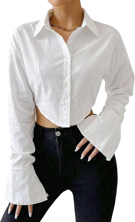 Asymmetrical Puff Sleeve Shirt Cropped Button Down Blouse