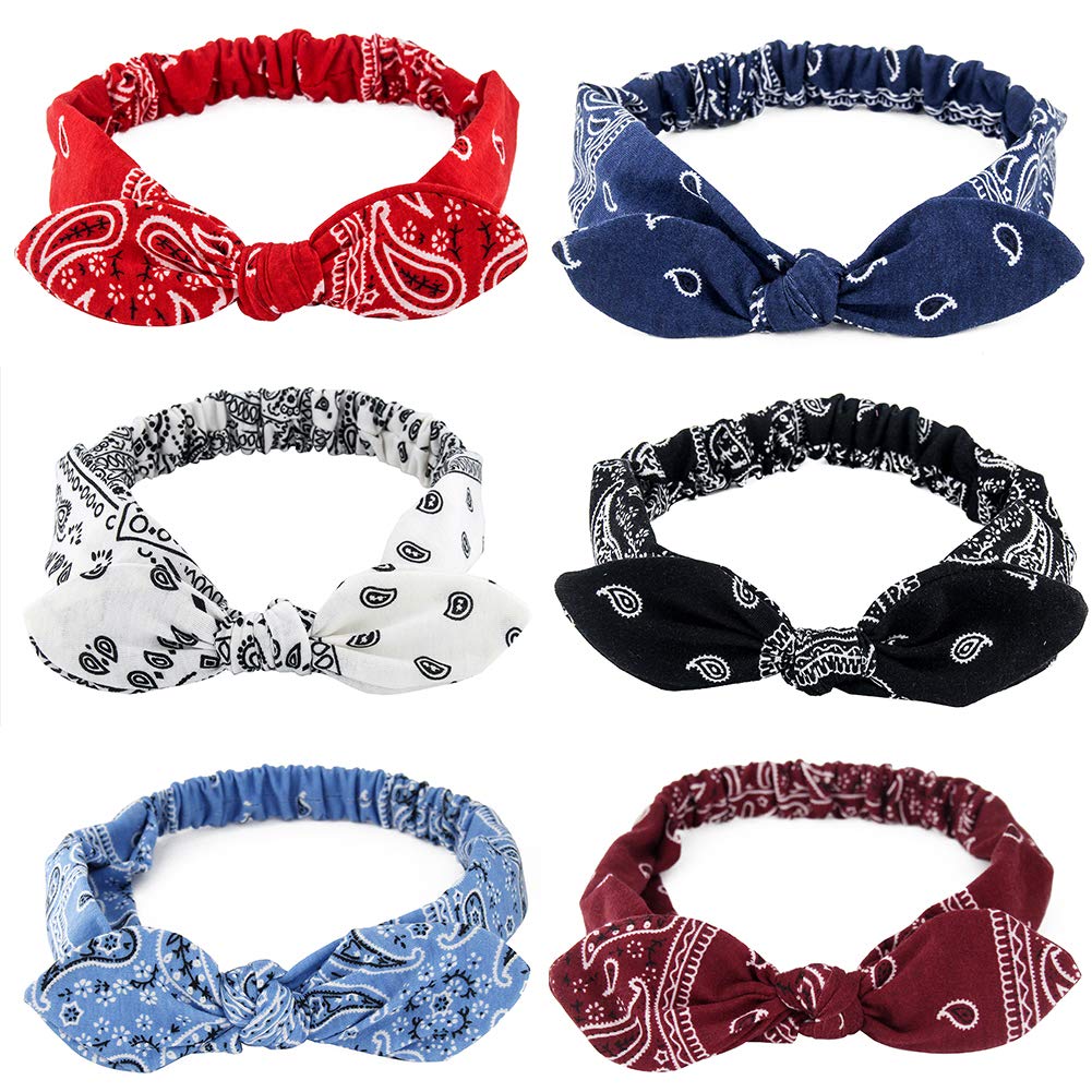 6 Pack Elastic Paisley Bandana Knot Headbands