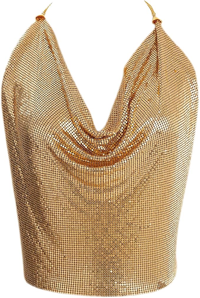 Metallic Mesh Halter Crop Top