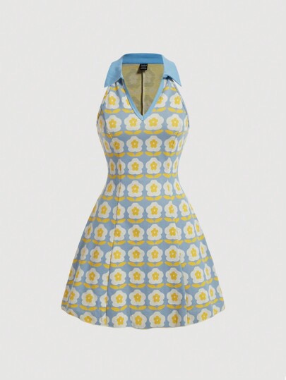 Retro Floral Print Sleeveless Mini Dress