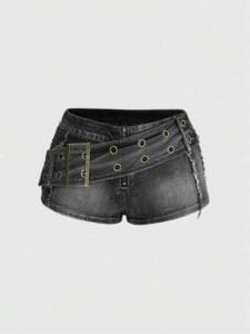 Grunge Punk Color-Block Large Metallic Belt Retro Denim Shorts