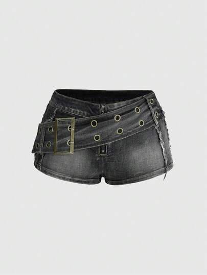 Grunge Punk Color-Block Large Metallic Belt Retro Denim Shorts