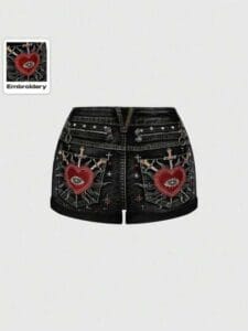 Denim Shorts with Heart Embroidery