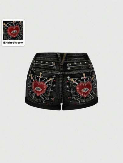Denim Shorts with Heart Embroidery