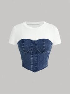 White Knit Crop Top with Blue Denim Inserts