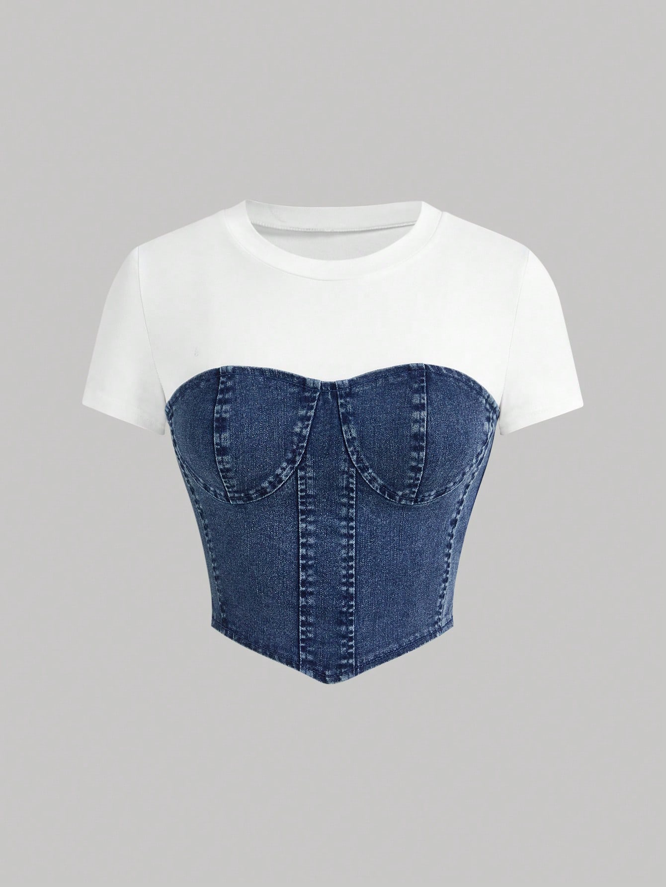 White Knit Crop Top with Blue Denim Inserts