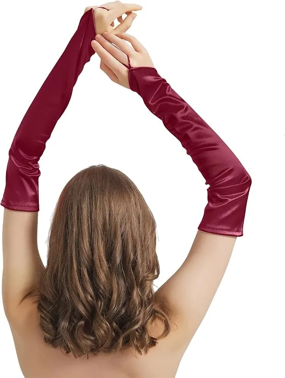 Burgundy Long Fingerless Satin Gloves