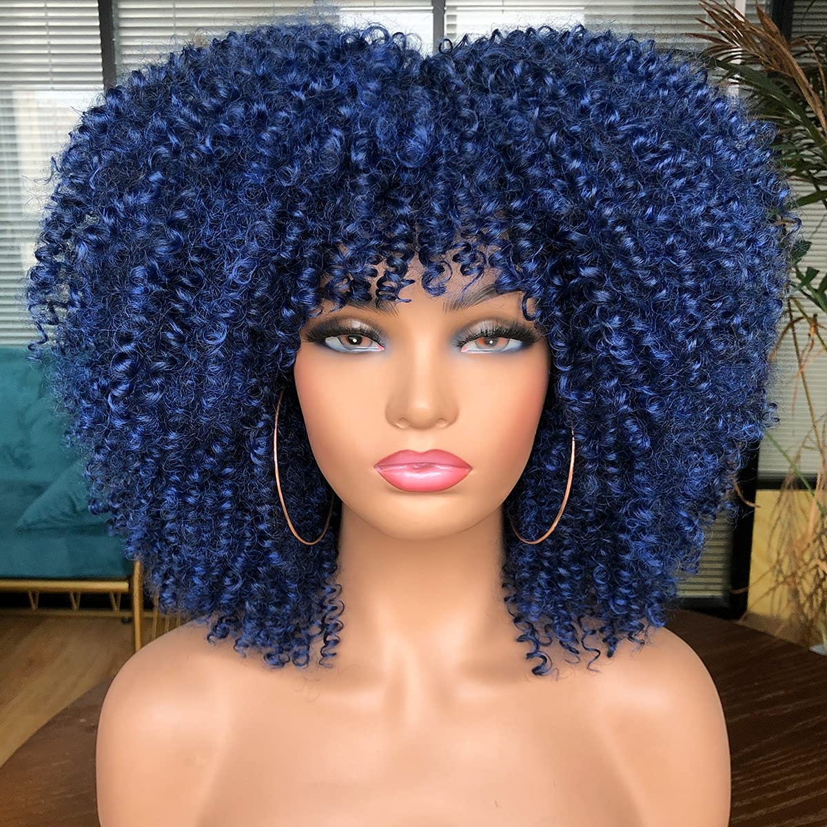 dark blue curly wig