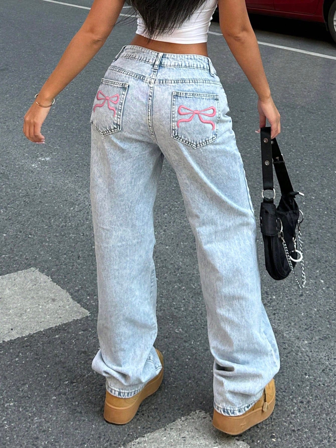 Straight and Wide Leg Jeans with Butterfly Embroidered Pockets