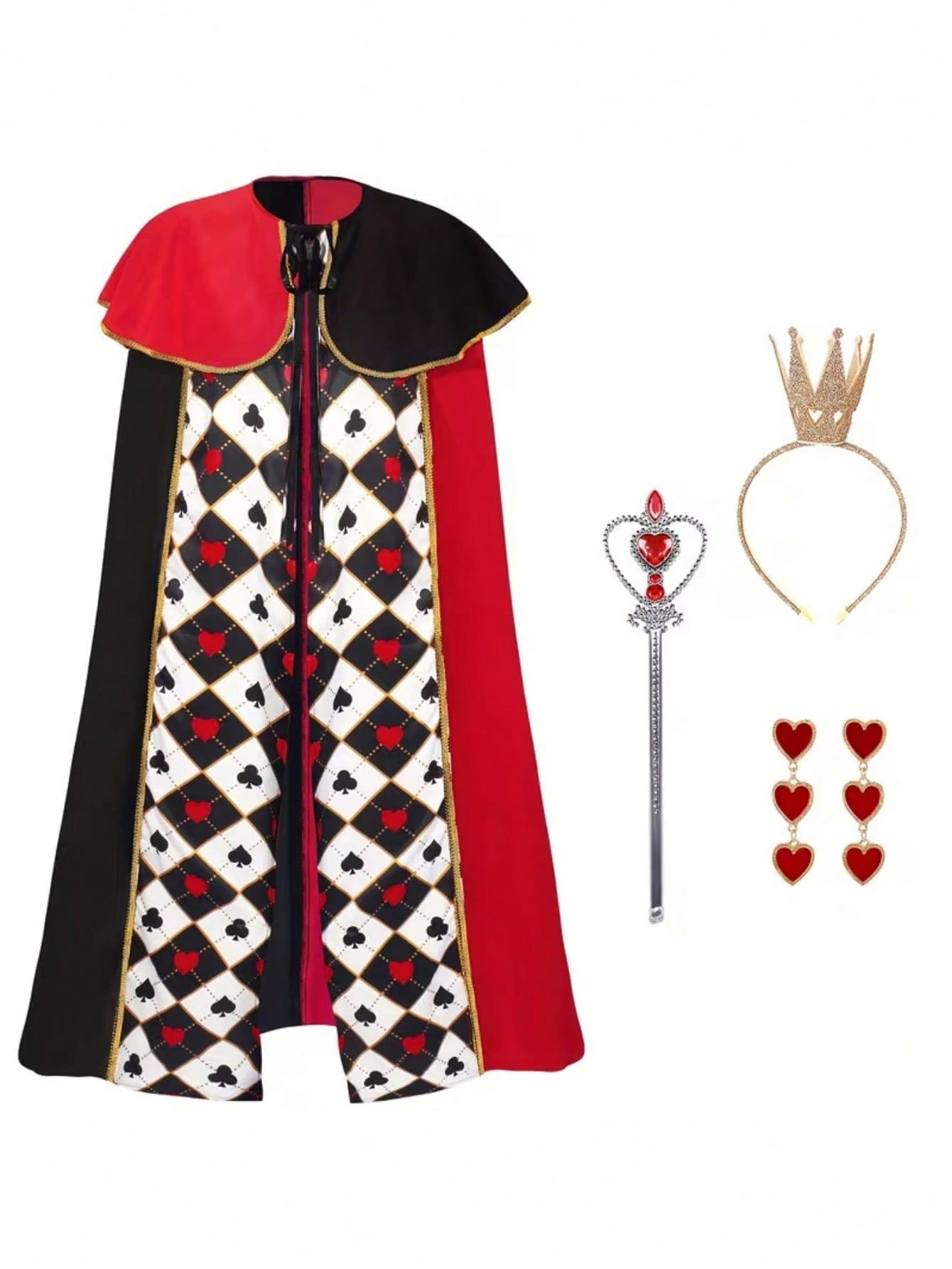 Queen of Hearts cape with crown, scepter and earrings